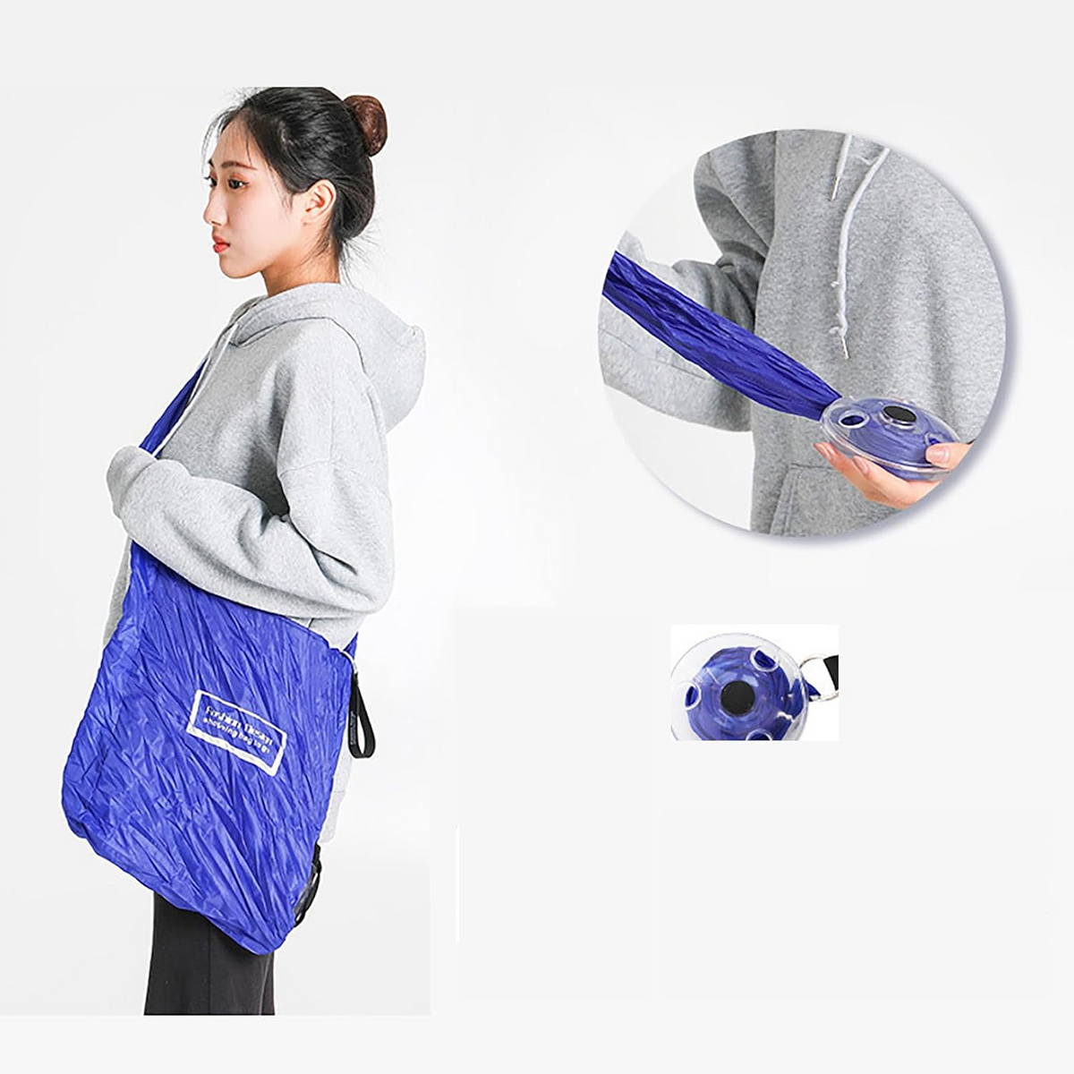 A person wears a blue reusable shopping bag over their shoulder. An inset shows hands pulling the bag from its dispenser.