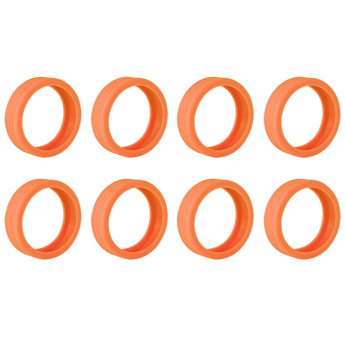 Eight orange silicone wheel covers with a ribbed texture, arranged in two rows on a white background.