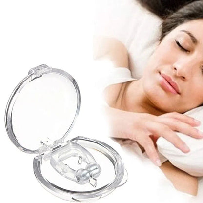 A clear anti-snoring nose clip in an open round plastic case, with a woman sleeping peacefully in the background.