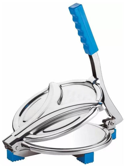 A shiny stainless steel puri press with a blue handle and blue feet is presented on a white background.