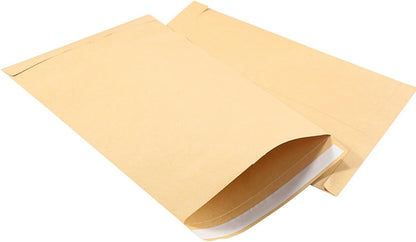 Two brown kraft envelopes, one open to show the white interior, on a white background.