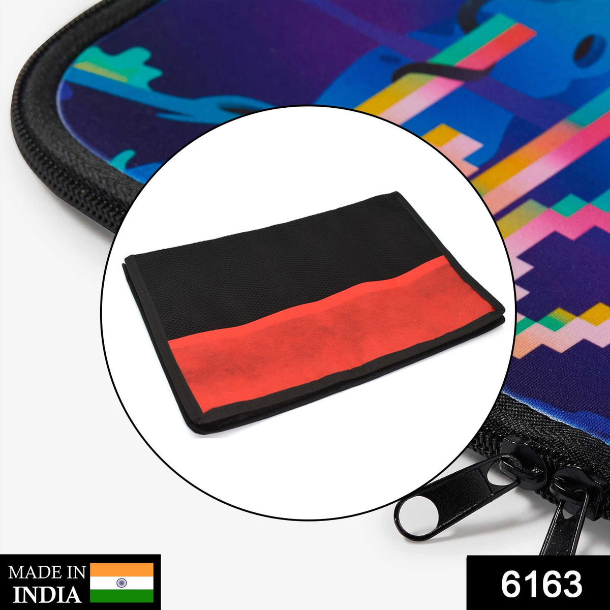 Close-up of a black and red laptop sleeve with a zipper, showing a smaller version of the sleeve.