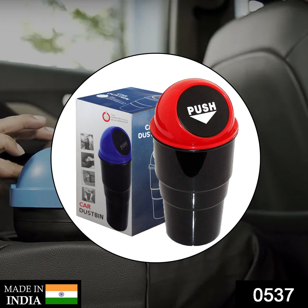 A red-lidded car dustbin is shown next to its product packaging, which features a blue-lidded version.