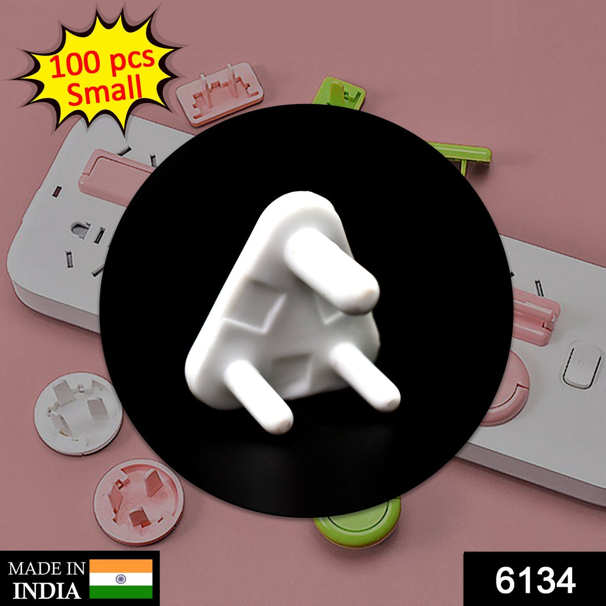 A single white plastic child safety socket cover in a black circle, surrounded by pink and green power strips.