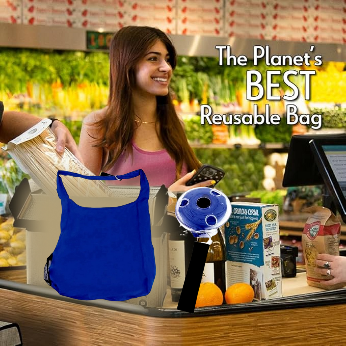 A blue reusable shopping bag and its dispenser are shown on a grocery checkout counter with a smiling woman in the