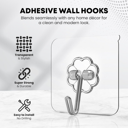 A transparent adhesive hook with a silver stainless steel hook is displayed, highlighting its clear and stylish design,