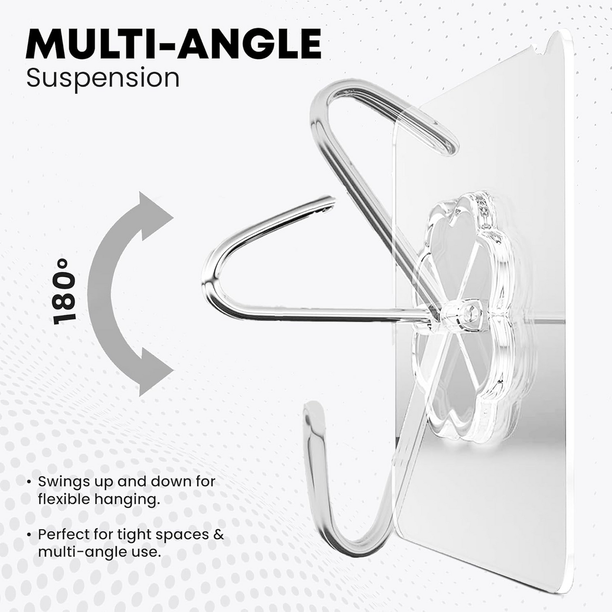 A transparent adhesive hook with a silver stainless steel hook demonstrates 180-degree multi-angle suspension, swinging up