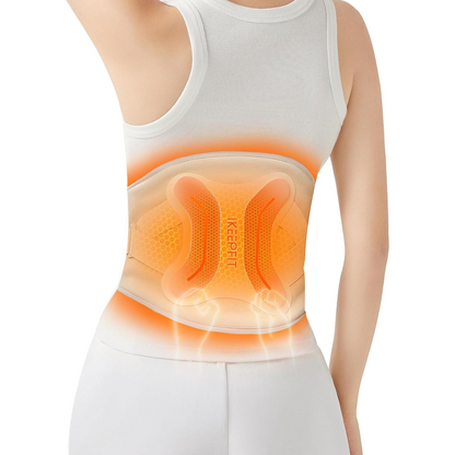 A person's back with an orange heating pad on their lower back, showing heat radiating outwards.