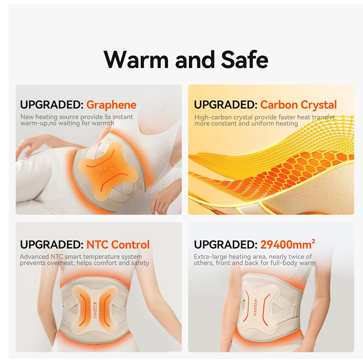 Four informational graphics detailing features like graphene, carbon crystal, NTC control, and heating area.