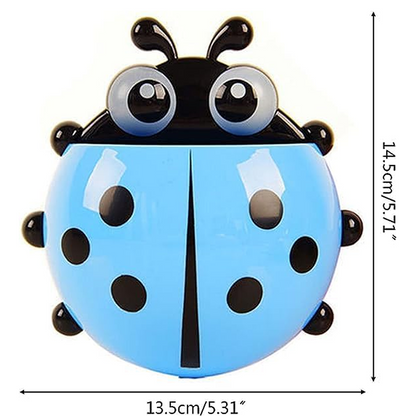 A blue ladybug holder with black spots and antennae is shown with its dimensions of 14.5cm by 13.5cm.