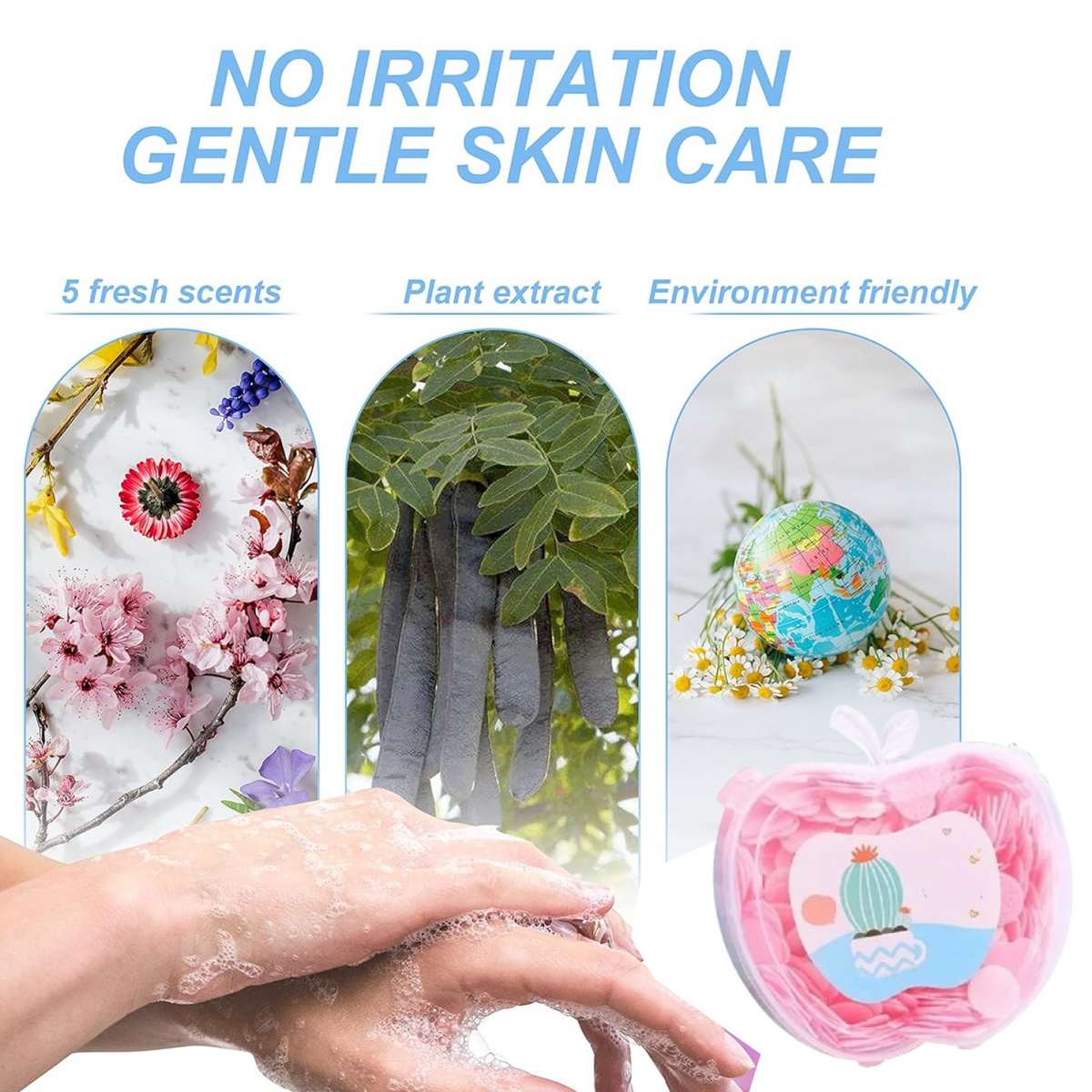 A collage of images showing hands washing with soap, floral scents, plant extracts, and an apple-shaped soap container.
