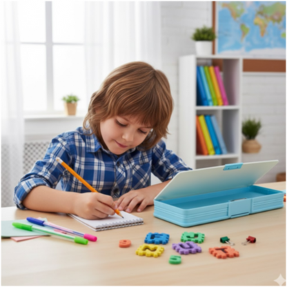 A young boy with brown hair and a blue plaid shirt writes in a notebook, with an open blue pencil case nearby.