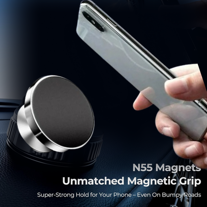 A silver smartphone is held near a black and silver magnetic car mount, highlighting its strong magnetic grip.