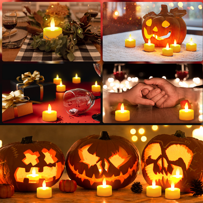 Five collage images featuring white LED candles in different settings like a dining table, with pumpkins, and gifts.