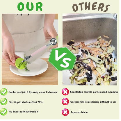 A comparison graphic shows a person using a pink-handled tool to clean fruit scraps into a bowl next to a messy sink.