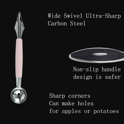 A pink-handled fruit tool is shown with text describing its carbon steel, non-slip handle, and sharp corners for coring.