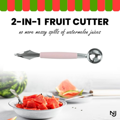 A pink-handled 2-in-1 fruit cutter is centered above a bowl of cubed watermelon and a whole watermelon.