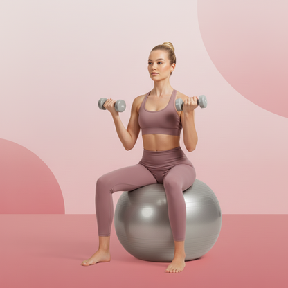 A woman in a purple sports bra and leggings sits on a grey stability ball, holding light grey dumbbells in each hand,