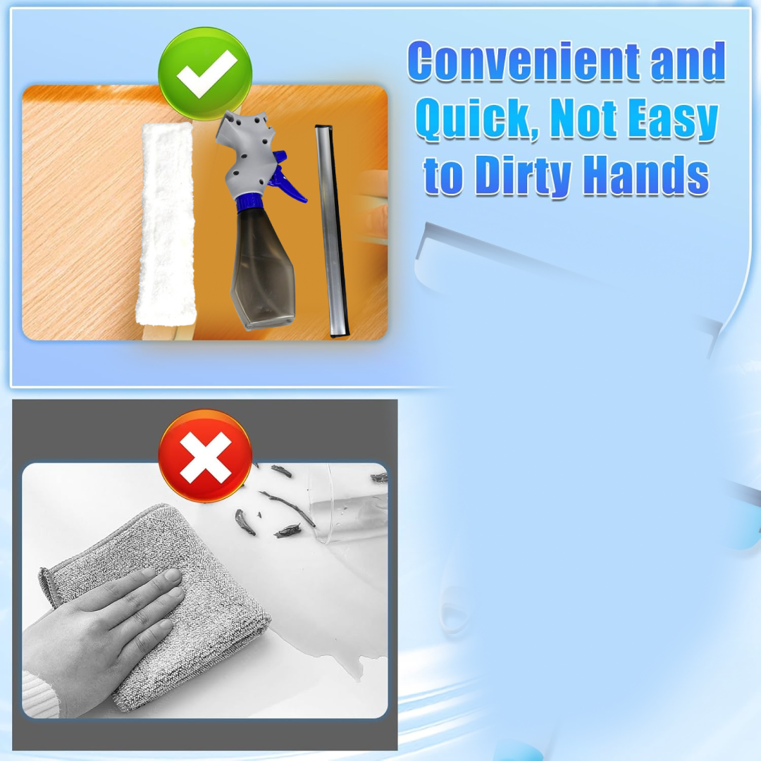 A split image showing the cleaning tool with a checkmark and a hand wiping with a cloth with an X mark.