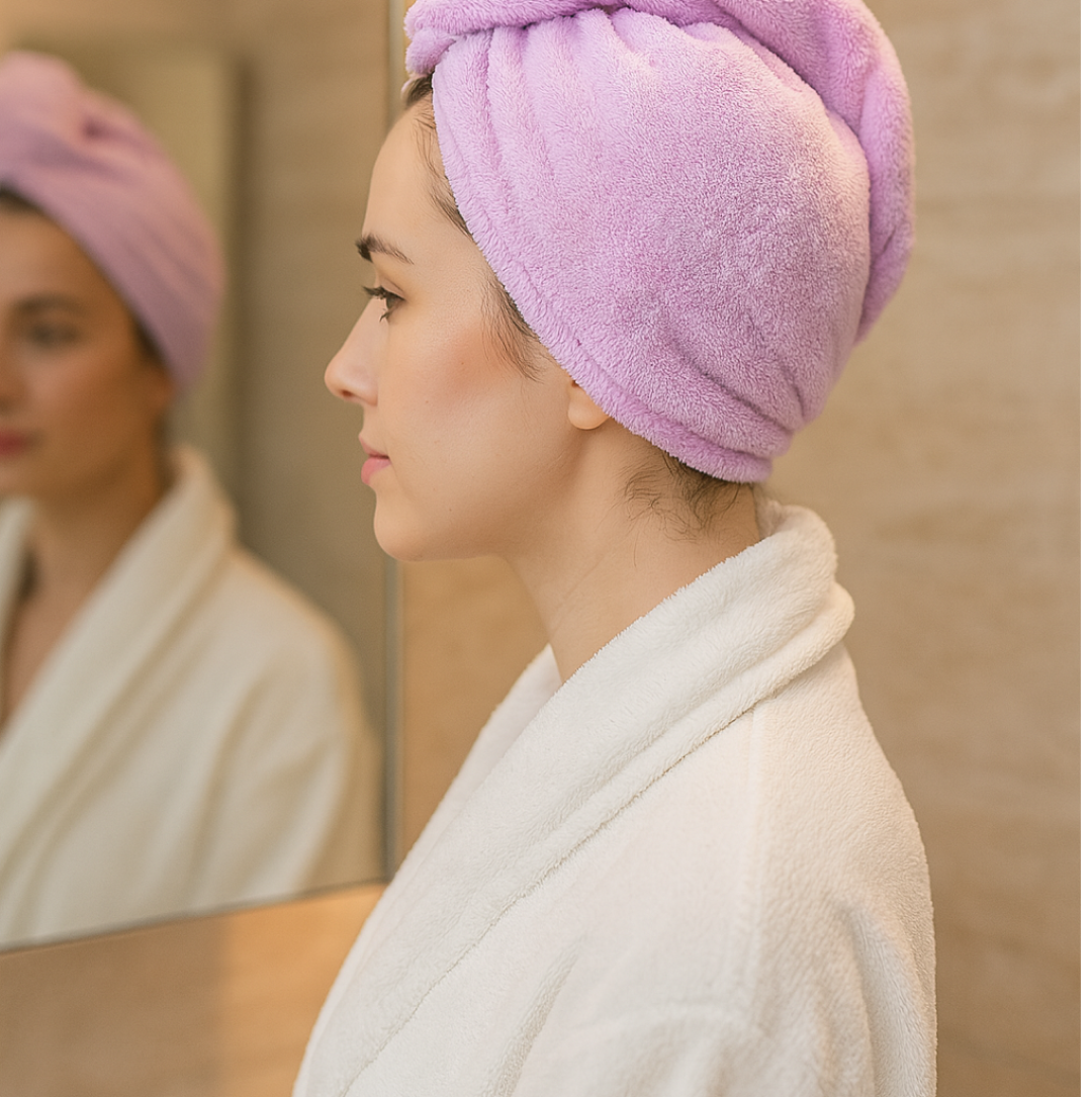 A woman in a white robe with a purple microfiber hair wrap on her head looks at her reflection in a mirror.