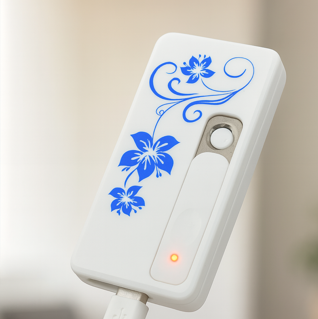 Close-up of the white USB lighter with blue floral pattern, plugged in with a red charging indicator light.