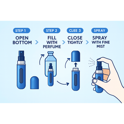 A four-step diagram shows how to open, fill, close, and spray a blue refillable perfume bottle, with clear illustrations for