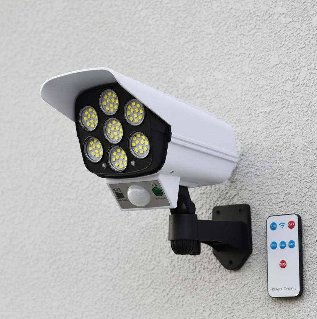 Product features graphic for the AutoSafeo solar-powered dummy security camera with lights.