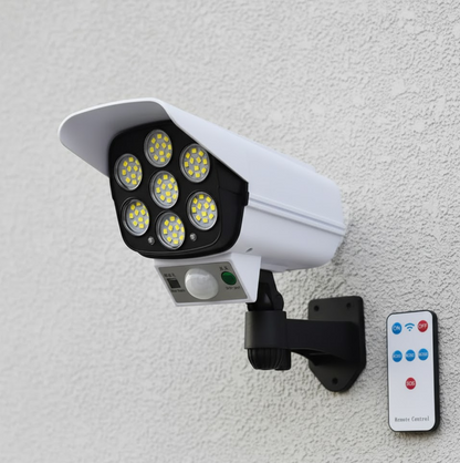 Product features graphic for the AutoSafeo solar-powered dummy security camera with lights.