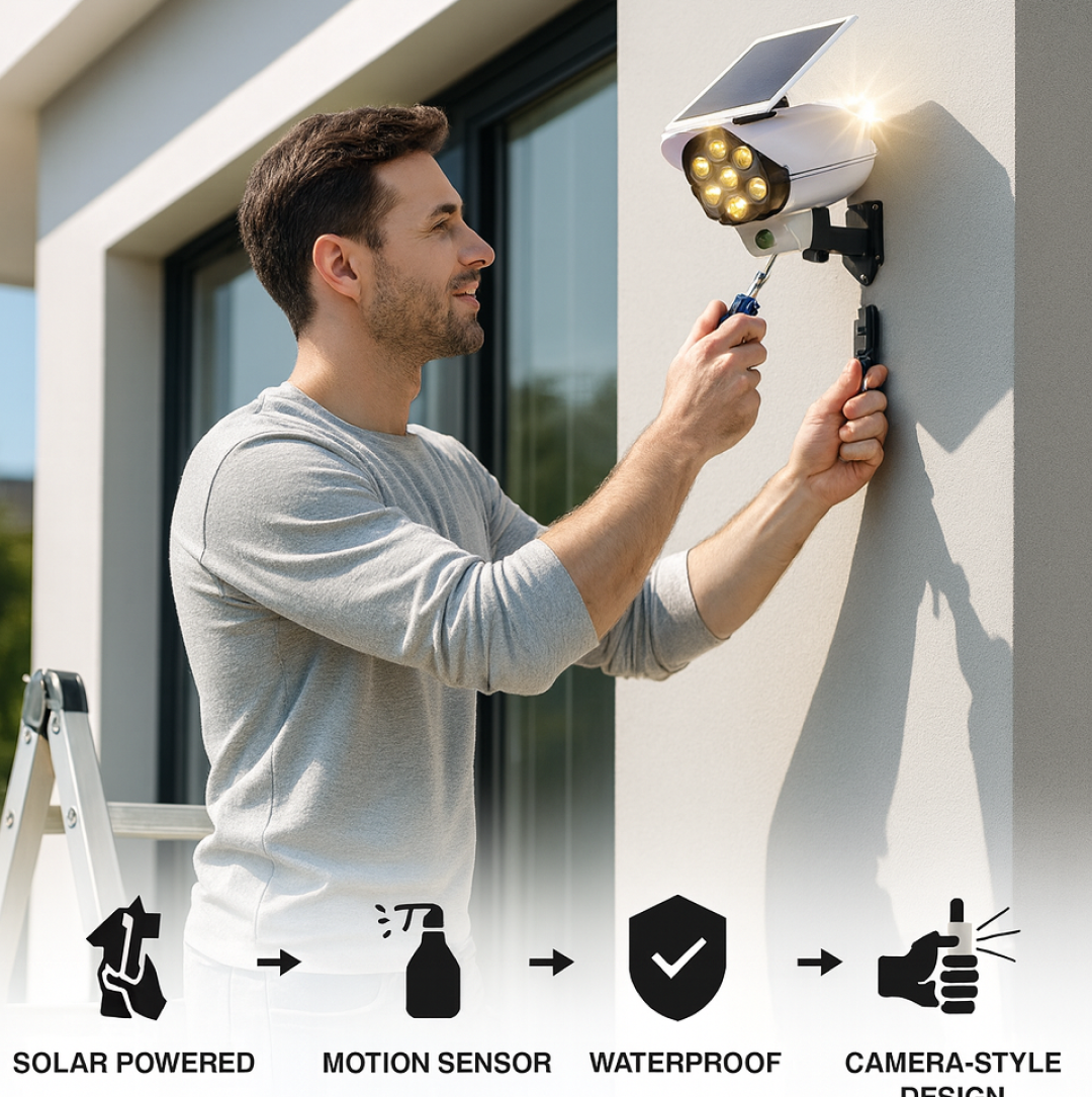 A man installing a white solar-powered dummy security camera with seven LED lights on an exterior wall with a screwdriver.