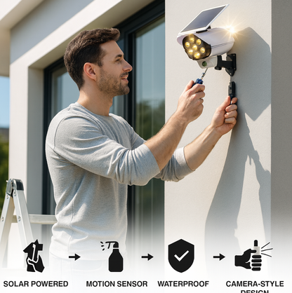 A man installing a white solar-powered dummy security camera with seven LED lights on an exterior wall with a screwdriver.
