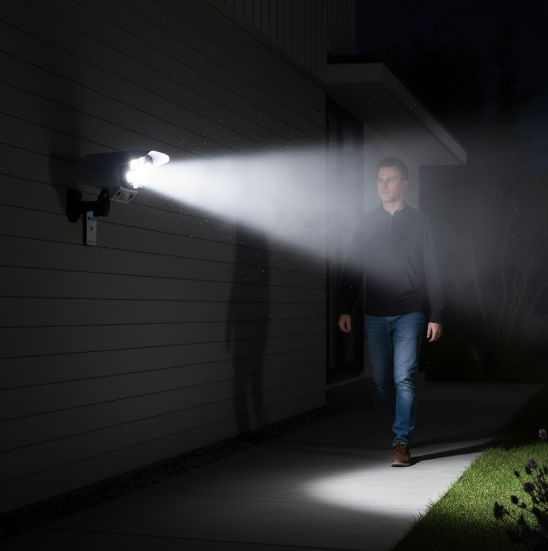 Benefits of the solar-powered dummy security camera with lights, including eco-friendliness.