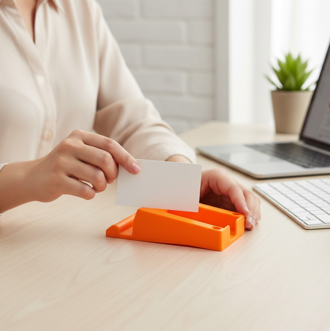 A person's hands holding a white business card above an orange plastic holder on a light wooden desk.