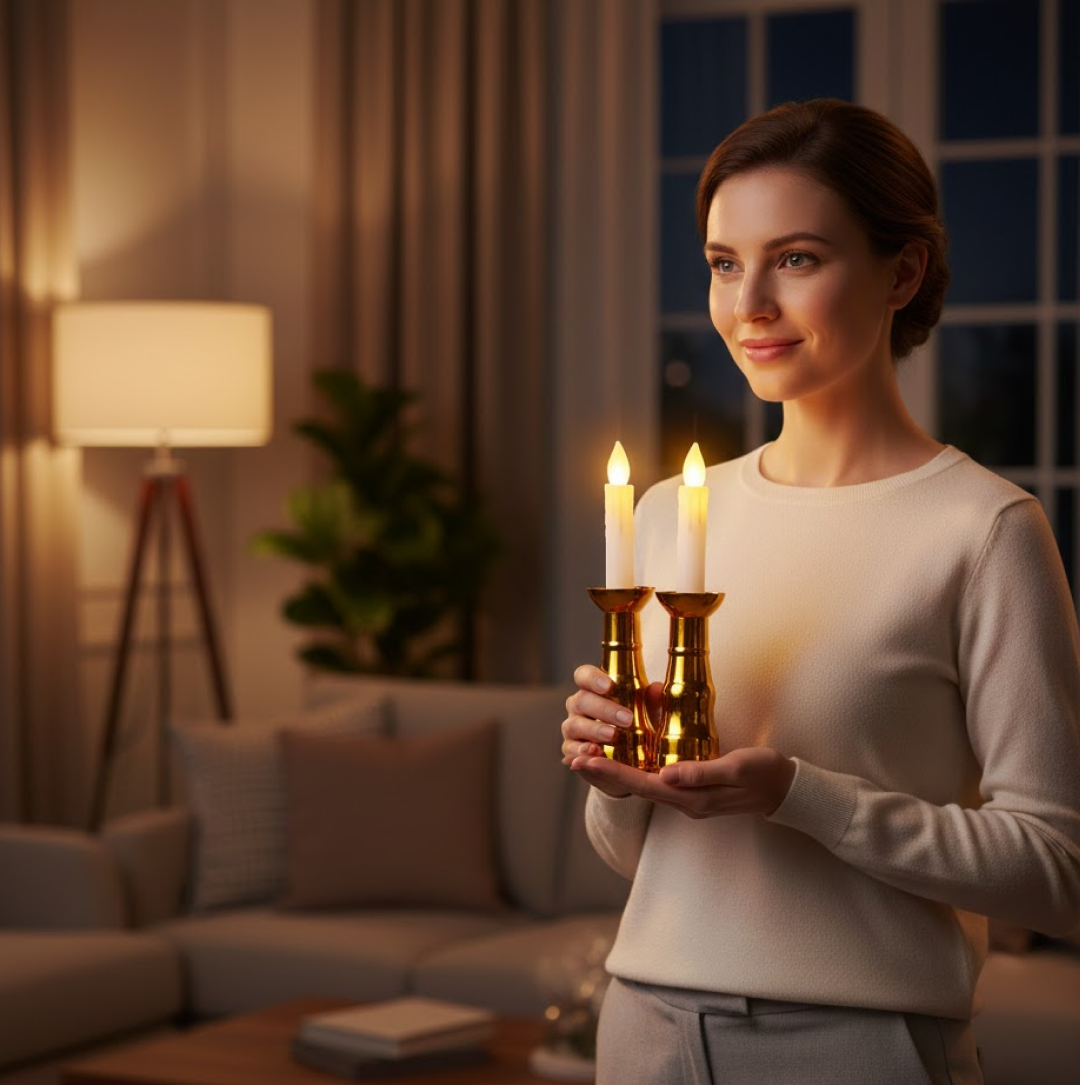 A woman holds two gold-based LED candles in a cozy living room with soft lighting.