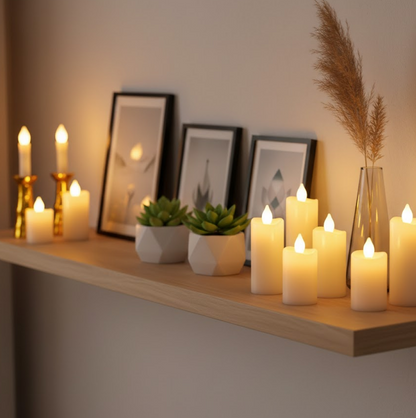 A collection of LED candles and gold-based candles illuminate a wooden shelf with framed art and plants.