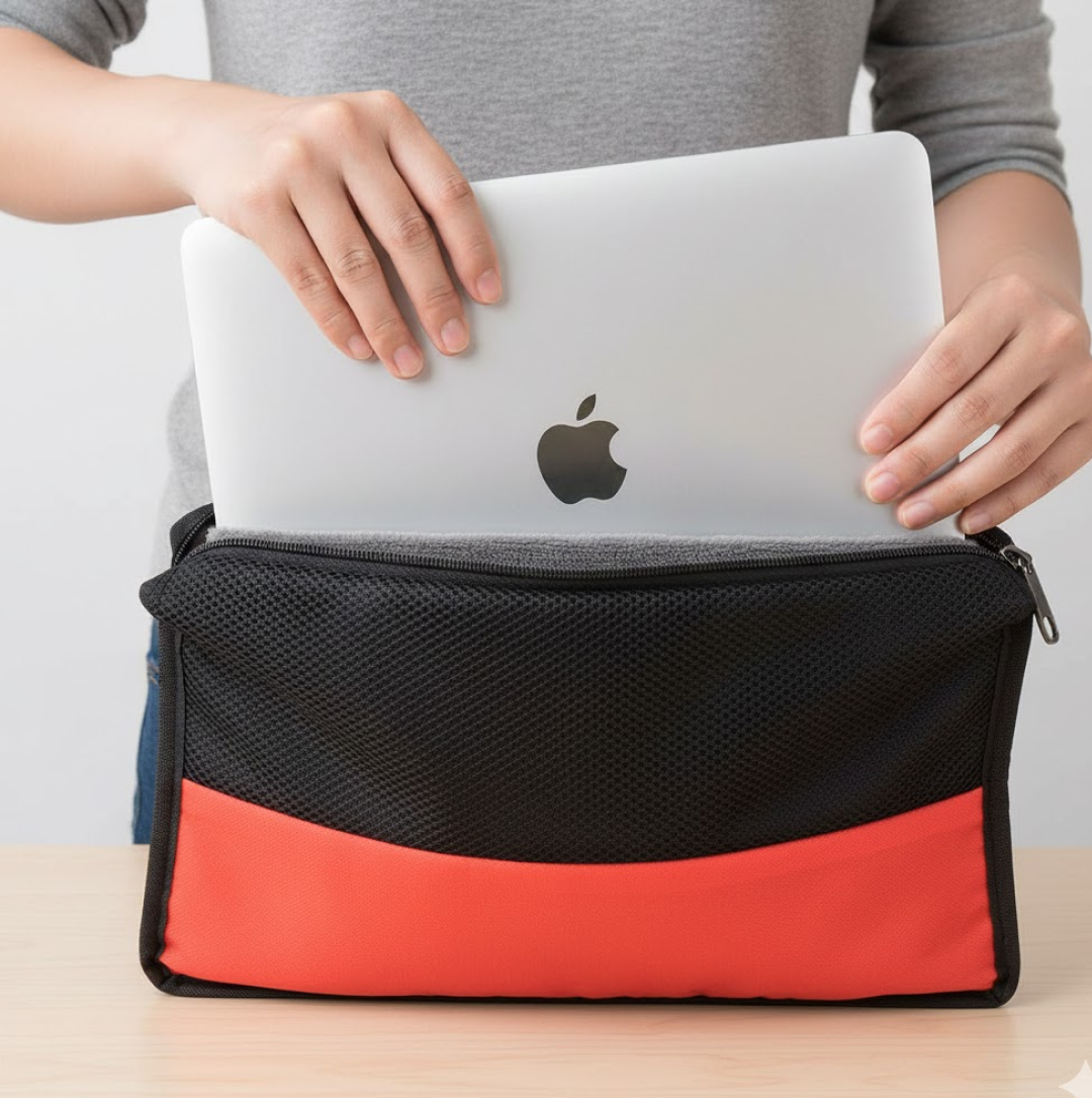 Hands place a silver laptop with an Apple logo into a black and red mesh laptop sleeve.