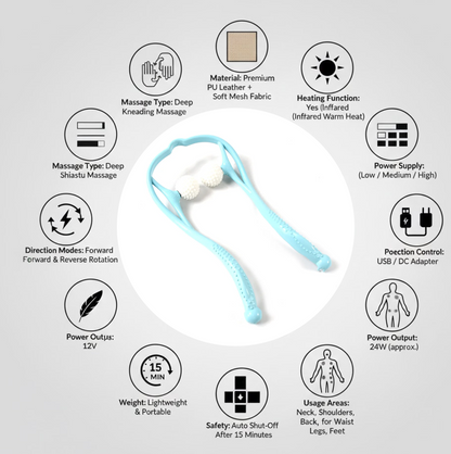A blue U-shaped massager with white textured balls surrounded by circular icons detailing its features and usage areas.