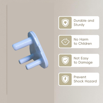 A light blue child-proof plug next to four descriptive labels: Durable, No Harm, Not Easy to Damage, Prevent Shock Hazard.