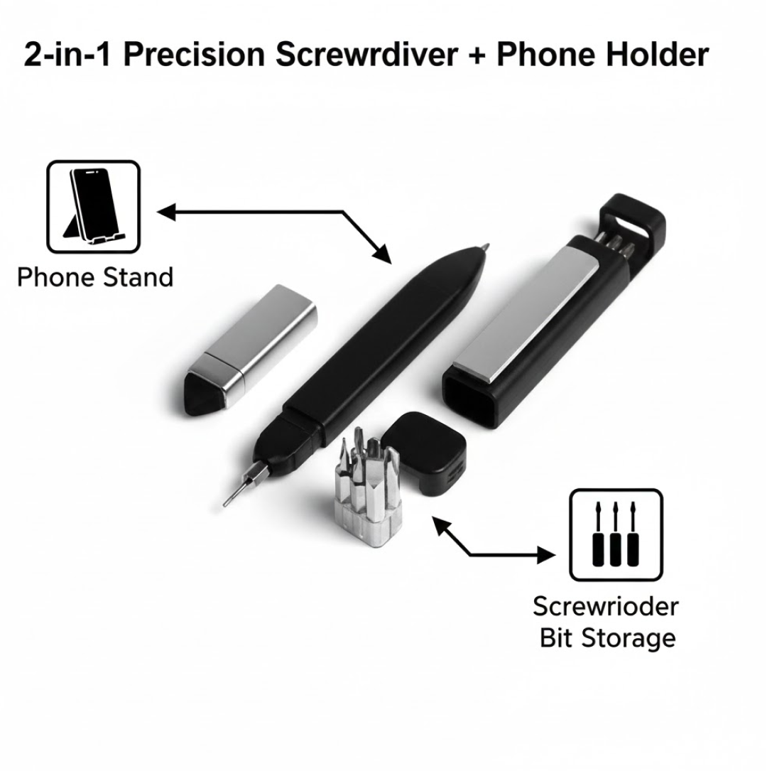 A black multi-function pen is disassembled, with arrows pointing to its phone stand and screwdriver bit storage features.