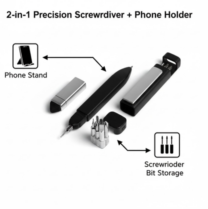 A black multi-function pen is disassembled, with arrows pointing to its phone stand and screwdriver bit storage features.