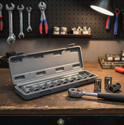 An open grey socket wrench set case sits on a wooden workbench with a ratchet and sockets scattered.