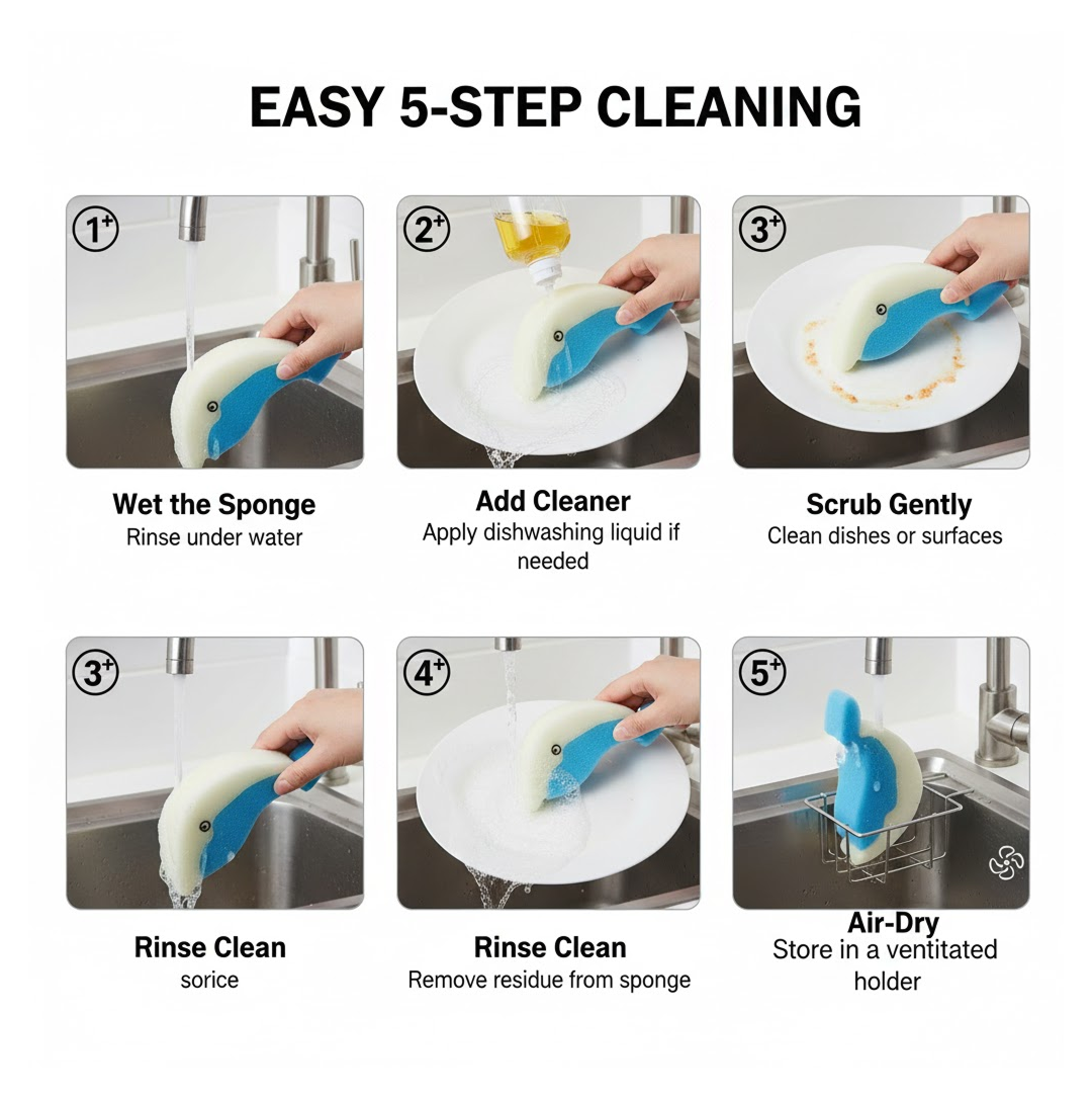A six-panel graphic illustrates a 5-step cleaning process using the dolphin sponge, from wetting to air-drying.