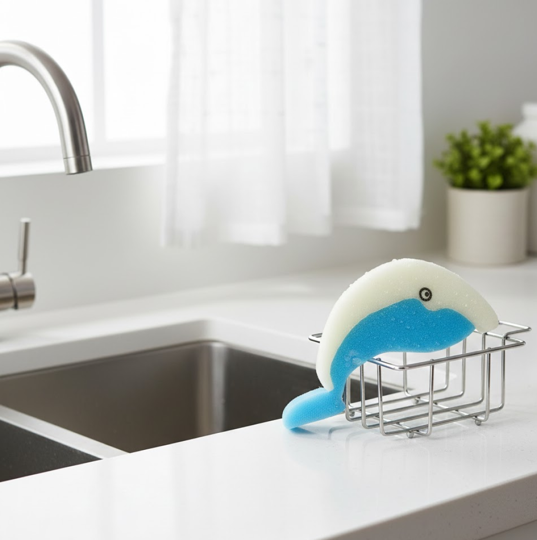 A blue and white dolphin-shaped sponge sits in a metal holder next to a kitchen sink with a large window in the background.