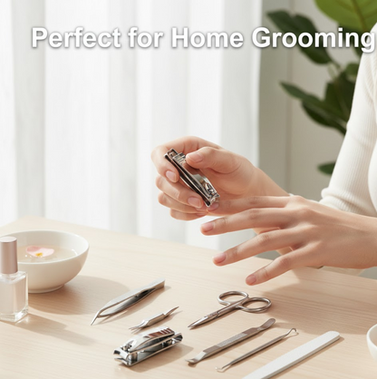A person uses nail clippers at a light wooden table with manicure tools and a bowl of water.