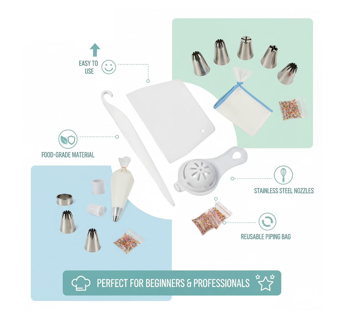 An infographic showing the three white plastic tools, piping bags, nozzles, and sprinkles, highlighting features like