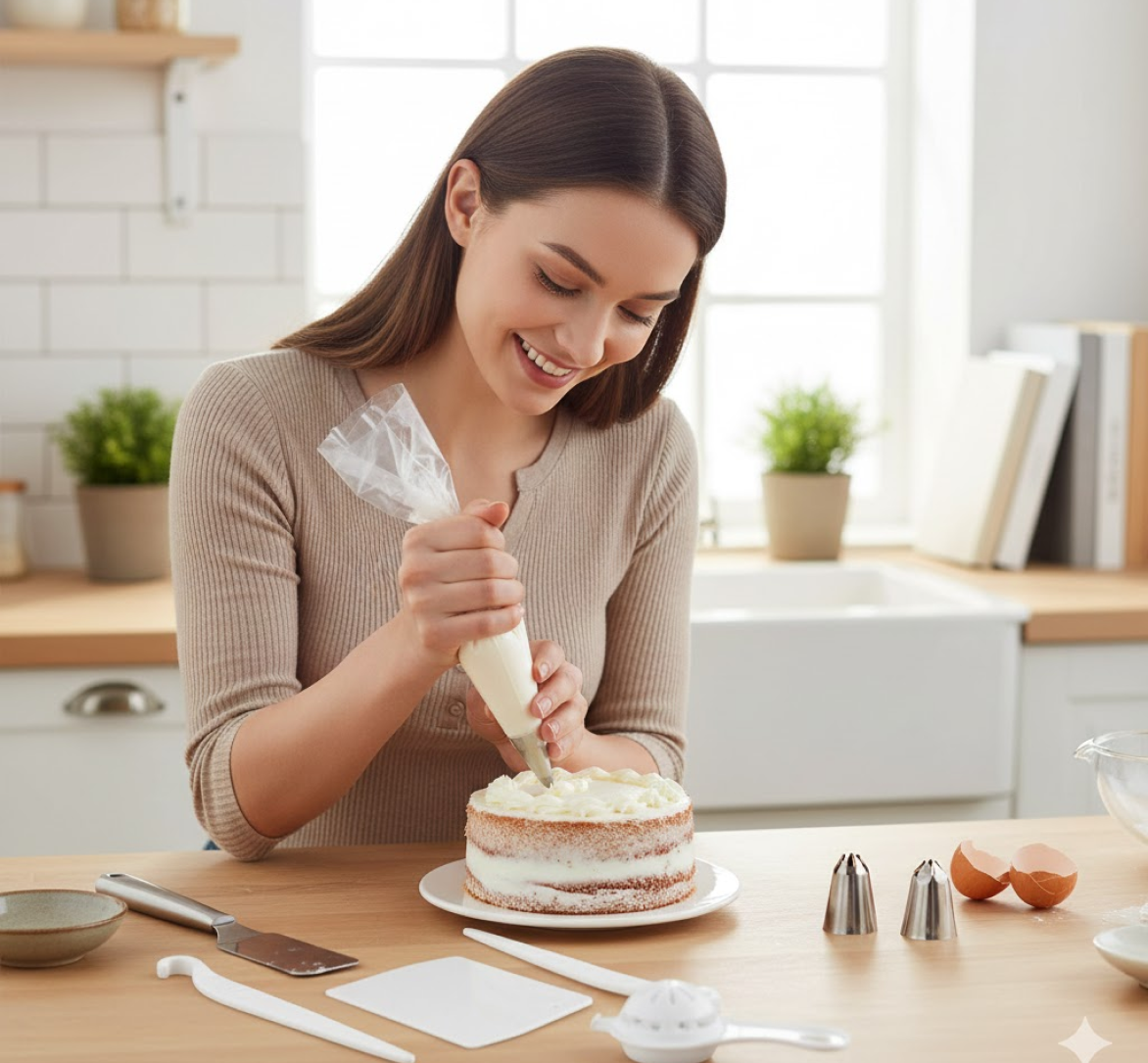 A woman pipes frosting onto a small cake, with various baking tools and ingredients on a wooden kitchen counter.