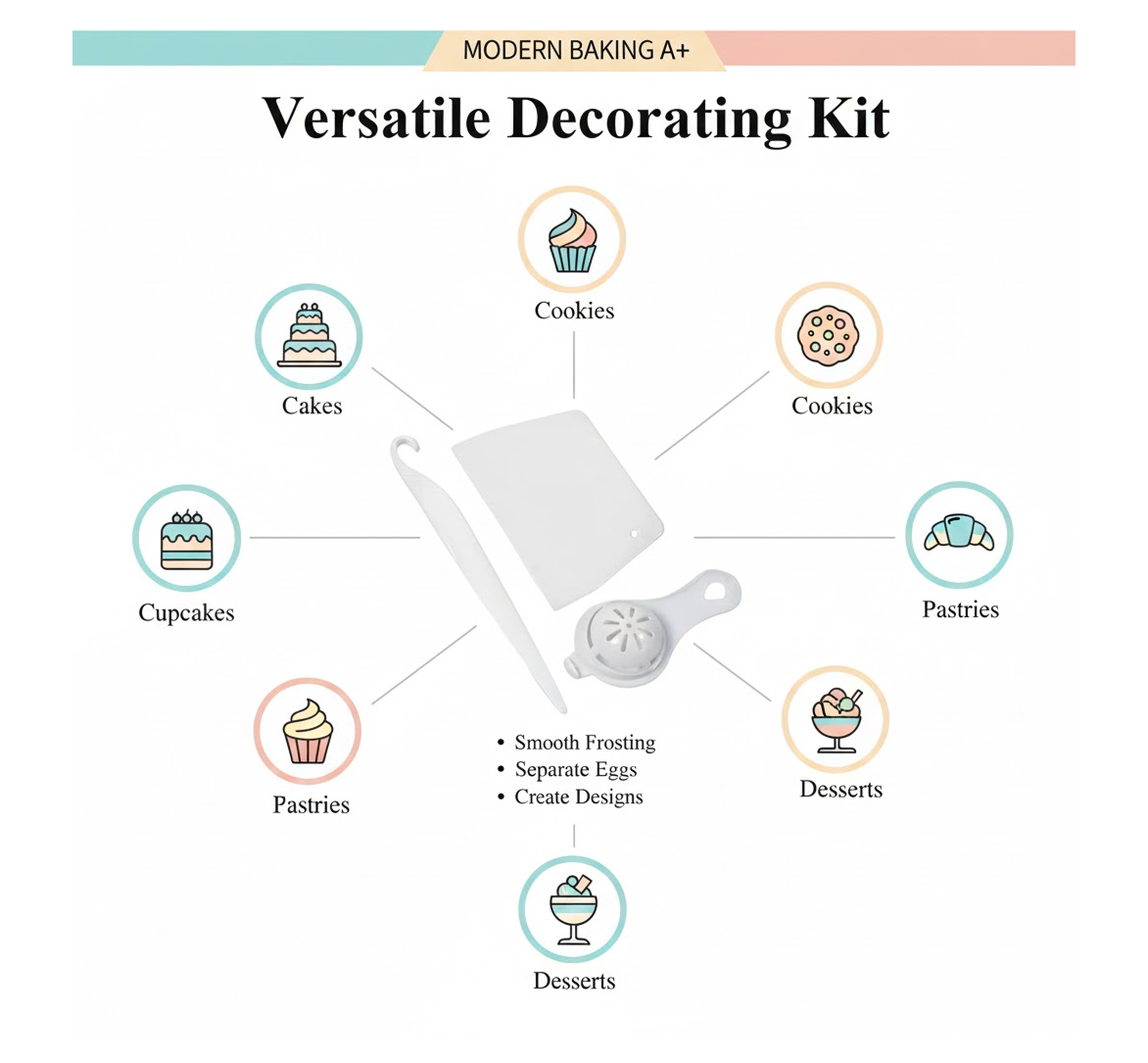 An infographic illustrating the versatility of the three white plastic tools for decorating cakes, cookies, cupcakes,
