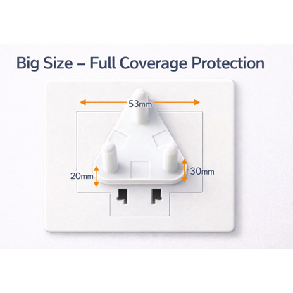 A white 3-pin socket cover is placed on a white wall outlet, with orange arrows indicating its dimensions of 53mm, 20mm, and