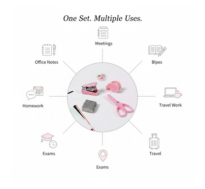 A circular diagram showcasing the pink mini stationery set in the center, surrounded by icons and text indicating its