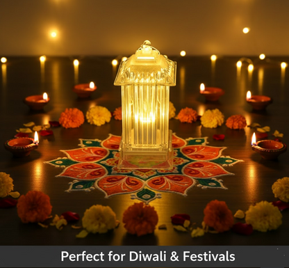 A glowing LED crystal lantern lamp is the centerpiece of a festive table with marigold flowers, oil lamps, and string lights.