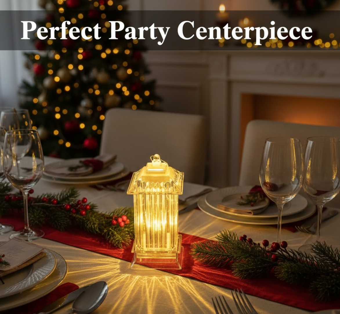 An LED crystal lantern lamp illuminates a festive dining table set with red runner, evergreen garland, and wine glasses.